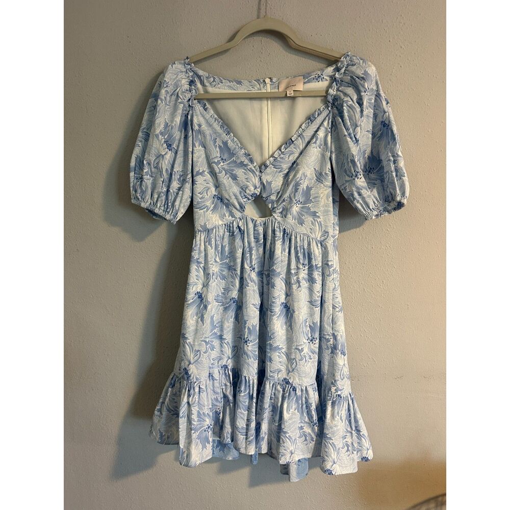 Cinq à Sept Blue Floral Mini Dress Cutout Puff Sleeve Fit & Flare Women's 0 - Picture 10 of 14